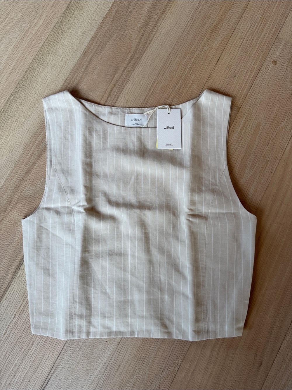 Aritzia Wilfred Beige Pinstripe Sleeveless Crop Top